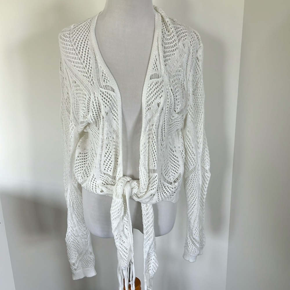 Cotton by Autumn Cashmere fringe crocheted Tie Front Cardigan White sz Medium